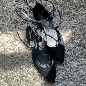 Stuart Weitzman Black Laceup Ballet Flats